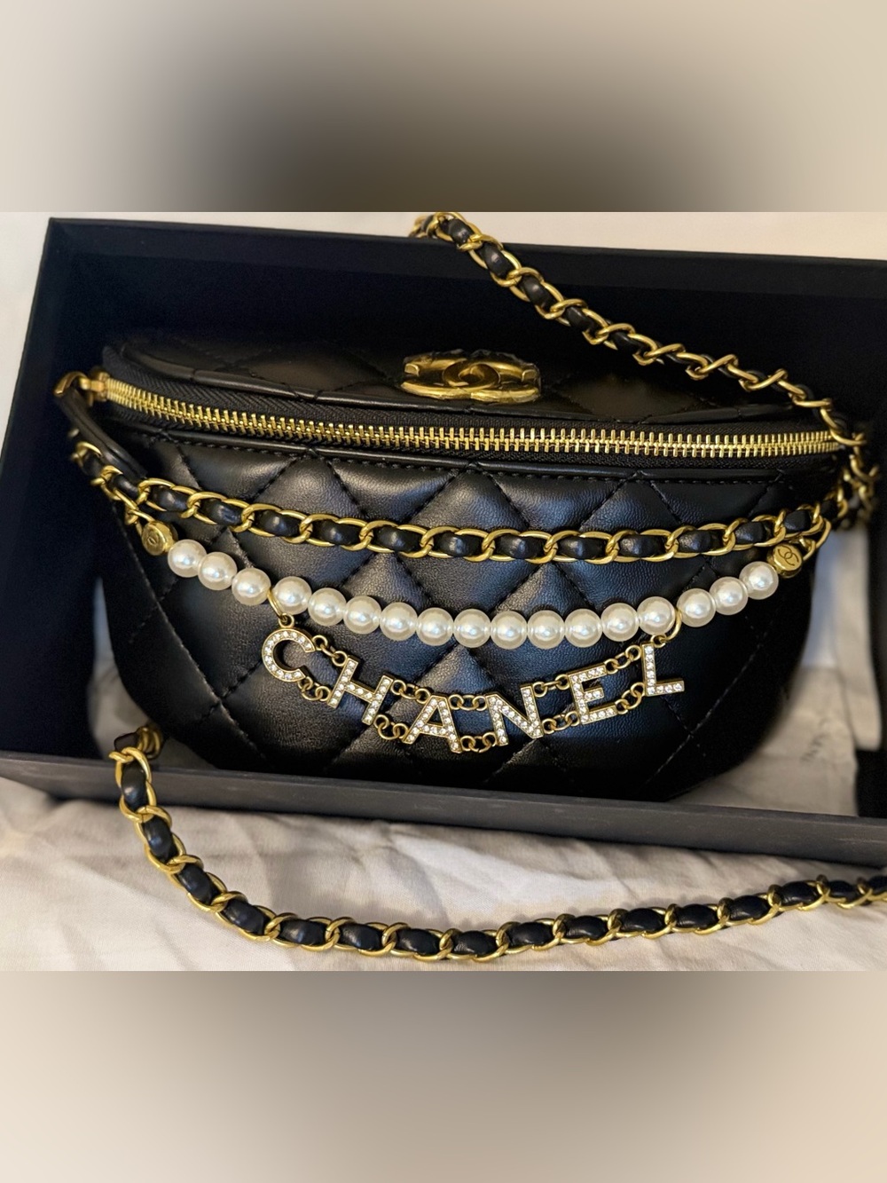 Chanel Beauty GWP Black Quilted Crossbody Bum Bag with Pearl & Gold Chains